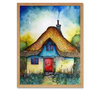 Wall Art Print The Thatched Cottage Folk Art Framed Artery8 Light Oak W12 inch x H16 inch