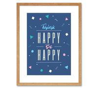 Wall Art Print Think Be Happy 90s Artwork Framed 9X7 Inch Artery8 Beige W7 inch x H9 inch