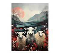 Wall Art Print Three Sheep Pink Blue Floral Scottish Landscape Poster Picture Artery8 Multi W24 inch x H32 inch