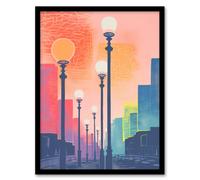 Wall Art Print Through The Haze Of The Street Lights By Sofia Francis Colourful Simple Cityscape Art Framed Artery8 Black W12 inch x H16 inch