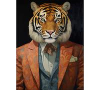 Wall Art Print Tiger About Town Artwork Coral Pink and Cerulean Blue Suit Conceptual Portrait Artwork Poster Artery8 Black W24 inch x H32 inch