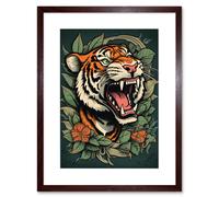 Wall Art Print Tiger Roaring Old School USA Tattoo Ink Body Art Rockabilly Americana 50s Artwork Framed 9X7 Inch Artery8 Brown W7 inch x H9 inch