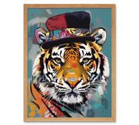 Wall Art Print Tiger Wearing Soft Felt Top Hat Modern Folk Art Framed Artery8 Light Oak W12 inch x H16 inch