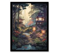 Wall Art Print Traditional Japan Garden Painting Orange Pink Green Blue Stone Lanterns and Towers by Lake Spring Landscape Art Framed Artery8 Brown A4