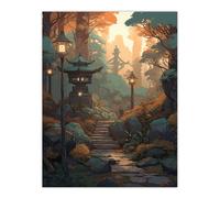 Wall Art Print Traditional Japan Garden Painting Path with Stone Lanterns Orange Green Pastel Colour Autumn Sunset Landscape Poster Artery8 Brown W24 inch x H32 inch