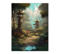 Artery8 Traditional Japanese Garden Painting with Towers and Stone Lanterns Bright Lake Spring Landscape Extra Large XL Wall Art Poster Print