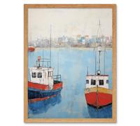 Wall Art Print Trailer Trawler Boats in Harbour Oil Painting Red Blue Abstract Coastal Town Bathroom Artwork Art Framed Artery8 Light Oak W12 inch x H16 inch