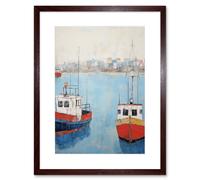 Wall Art Print Trailer Trawler Boats in Harbour Oil Painting Red Blue Abstract Coastal Town Bathroom Artwork Framed 9X7 Inch Artery8 Brown W7 inch x H9 inch