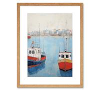 Wall Art Print Trailer Trawler Boats in Harbour Oil Painting Red Blue Abstract Coastal Town Bathroom Artwork Framed 9X7 Inch Artery8 Beige W7 inch x H9 inch