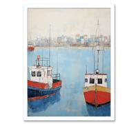 Wall Art Print Trailer Trawler Boats in Harbour Oil Painting Red Blue Abstract Coastal Town Bathroom Artwork Art Framed Artery8 White W12 inch x H16 inch