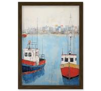 Artery8 Trailer Trawler Boats in Harbour Oil Painting Red Blue Abstract Coastal Town Bathroom Artwork Framed Wall Art Print A4