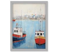 Wall Art Print Trailer Trawler Boats in Harbour Oil Painting Red Blue Abstract Coastal Town Bathroom Artwork Framed A4 Artery8 Grey A4
