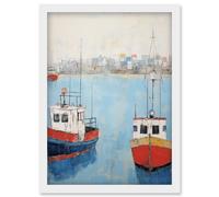 Wall Art Print Trailer Trawler Boats in Harbour Oil Painting Red Blue Abstract Coastal Town Bathroom Artwork Framed A4 Artery8 White A4