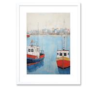 Wall Art Print Trailer Trawler Boats in Harbour Oil Painting Red Blue Abstract Coastal Town Bathroom Artwork Framed 9X7 Inch Artery8 White W7 inch x H9 inch