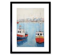 Wall Art Print Trailer Trawler Boats in Harbour Oil Painting Red Blue Abstract Coastal Town Bathroom Artwork Framed 9X7 Inch Artery8 Black W7 inch x H9 inch
