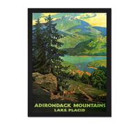 Wall Art Print Travel Tourism Adirondack Mountains Lake Placid USA Tree Large Framed Wall Décor Art Artery8 White W18 inch x H24 inch