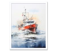 Wall Art Print Trawler Fishing Boat Watercolour Painting Red Blue Rough Sea Fishermen Waves Seascape Art Framed Artery8 White W12 inch x H16 inch