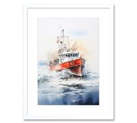 Wall Art Print Trawler Fishing Boat Watercolour Painting Red Blue Rough Sea Fishermen Waves Seascape Artwork Framed 9X7 Inch Artery8 White W7 inch x H9 inch