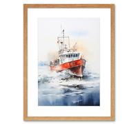 Wall Art Print Trawler Fishing Boat Watercolour Painting Red Blue Rough Sea Fishermen Waves Seascape Artwork Framed 9X7 Inch Artery8 Beige W7 inch x H9 inch