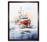 Wall Art Print Trawler Fishing Boat Watercolour Painting Red Blue Rough Sea Fishermen Waves Seascape Art Framed Artery8 Brown W12 inch x H16 inch
