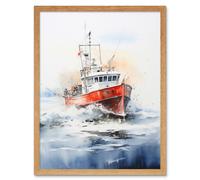 Wall Art Print Trawler Fishing Boat Watercolour Painting Red Blue Rough Sea Fishermen Waves Seascape Art Framed Artery8 Light Oak W12 inch x H16 inch