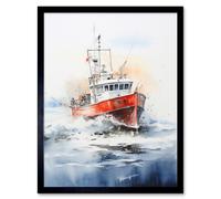 Wall Art Print Trawler Fishing Boat Watercolour Painting Red Blue Rough Sea Fishermen Waves Seascape Art Framed Artery8 Black W12 inch x H16 inch
