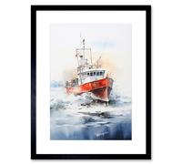 Wall Art Print Trawler Fishing Boat Watercolour Painting Red Blue Rough Sea Fishermen Waves Seascape Artwork Framed 9X7 Inch Artery8 Black W7 inch x H9 inch