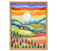 Wall Art Print Tuscan Rolling Hills At Sunrise Abstract Folk Art Framed Artery8 Light Oak W12 inch x H16 inch
