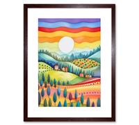 Wall Art Print Tuscan Rolling Hills At Sunrise Abstract Folk Artwork Framed 9X7 Inch Artery8 Brown W7 inch x H9 inch