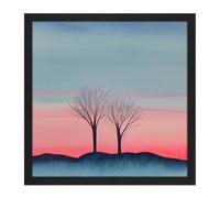 Wall Art Print Two Winter Trees Sunset Simple Landscape Soft Watercolour Painting Square Framed Picture 16X16 Inch Artery8 Black W16 inch x H16 inch