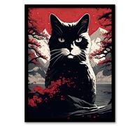 Artery8 Ukiyo Japanese Black Cat Red Black White Modern Artwork Painting Artwork Framed Wall Art Print A4
