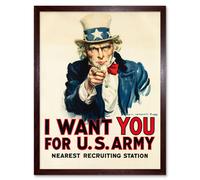 Wall Art Print Uncle Sam I Want You for US Army Iconic Recruitment Retro Poster Art Framed Artery8 Brown W12 inch x H16 inch