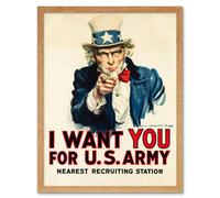 Wall Art Print Uncle Sam I Want You for US Army Iconic Recruitment Retro Poster Art Framed Artery8 Light Oak W12 inch x H16 inch