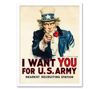 Wall Art Print Uncle Sam I Want You for US Army Iconic Recruitment Retro Poster Art Framed Artery8 White W12 inch x H16 inch