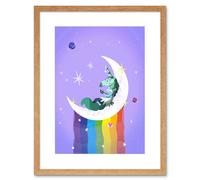 Wall Art Print Unicorn Moon Rainbow Stars Framed Art Artery8 Beige W7 inch x H9 inch