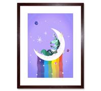 Wall Art Print Unicorn Moon Rainbow Stars Framed Art Artery8 Brown W7 inch x H9 inch