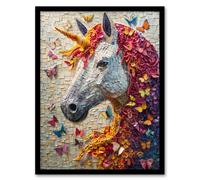 Wall Art Print Unicorn Rainbow Mane Butterflies Mosaic Relief Art Framed Poster Artery8 Black A4