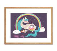 Wall Art Print Unicorn Rainbow Reading Child Art Framed 9x7 inch Artery8 Beige W7 inch x H9 inch