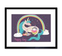 Wall Art Print Unicorn Rainbow Reading Child Art Framed 9x7 inch Artery8 Black W7 inch x H9 inch