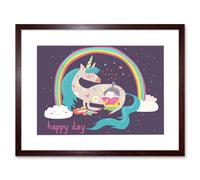 Wall Art Print Unicorn Rainbow Reading Child Art Framed 9x7 inch Artery8 Brown W7 inch x H9 inch