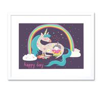 Wall Art Print Unicorn Rainbow Reading Child Art Framed 9x7 inch Artery8 White W7 inch x H9 inch