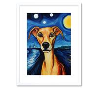 Wall Art Print Van Goghs Dog Artwork Night Scene Full Moon Blue Brown Yellow Oil Painting Artwork Framed 9X7 Inch Artery8 White W7 inch x H9 inch