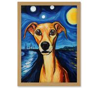 Wall Art Print Van Goghs Dog Artwork Night Scene Full Moon Blue Brown Yellow Oil Painting Artwork Framed A4 Artery8 Light Oak A4
