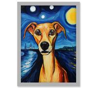 Wall Art Print Van Goghs Dog Artwork Night Scene Full Moon Blue Brown Yellow Oil Painting Artwork Framed A4 Artery8 Grey A4
