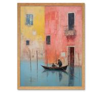 Wall Art Print Venice Canal Gondola Ride Oil Painting Blue Pink Yellow Pastel Colour Rower Boat on River Art Framed Artery8 Light Oak W12 inch x H16 inch
