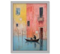 Wall Art Print Venice Canal Gondola Ride Oil Painting Blue Pink Yellow Pastel Colour Rower Boat on River Artwork Framed A4 Artery8 Grey A4
