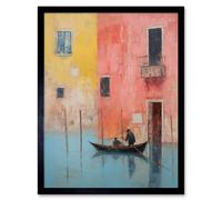 Wall Art Print Venice Canal Gondola Ride Oil Painting Blue Pink Yellow Pastel Colour Rower Boat on River Art Framed Artery8 Black W12 inch x H16 inch