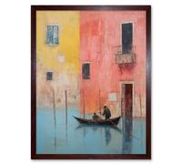 Wall Art Print Venice Canal Gondola Ride Oil Painting Blue Pink Yellow Pastel Colour Rower Boat on River Art Framed Artery8 Brown W12 inch x H16 inch
