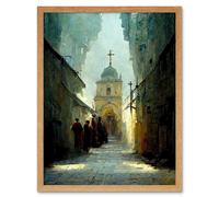 Wall Art Print Via Dolorosa Street Pilgrims Heading To The Church Of Holy Sepulchre Art Framed Artery8 Light Oak W12 inch x H16 inch