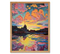Wall Art Print Vibrant Colour Lakescape Mono Lake Atmospheric Sunset Clouds Modern Watercolour Painting Art Framed Artery8 Light Oak W12 inch x H16 inch